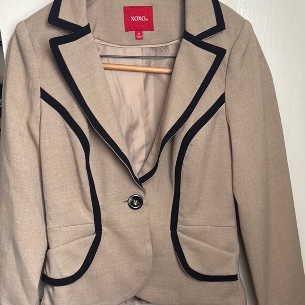 XOXO Tan Blazer with matching pants women’s suit with Black Trim